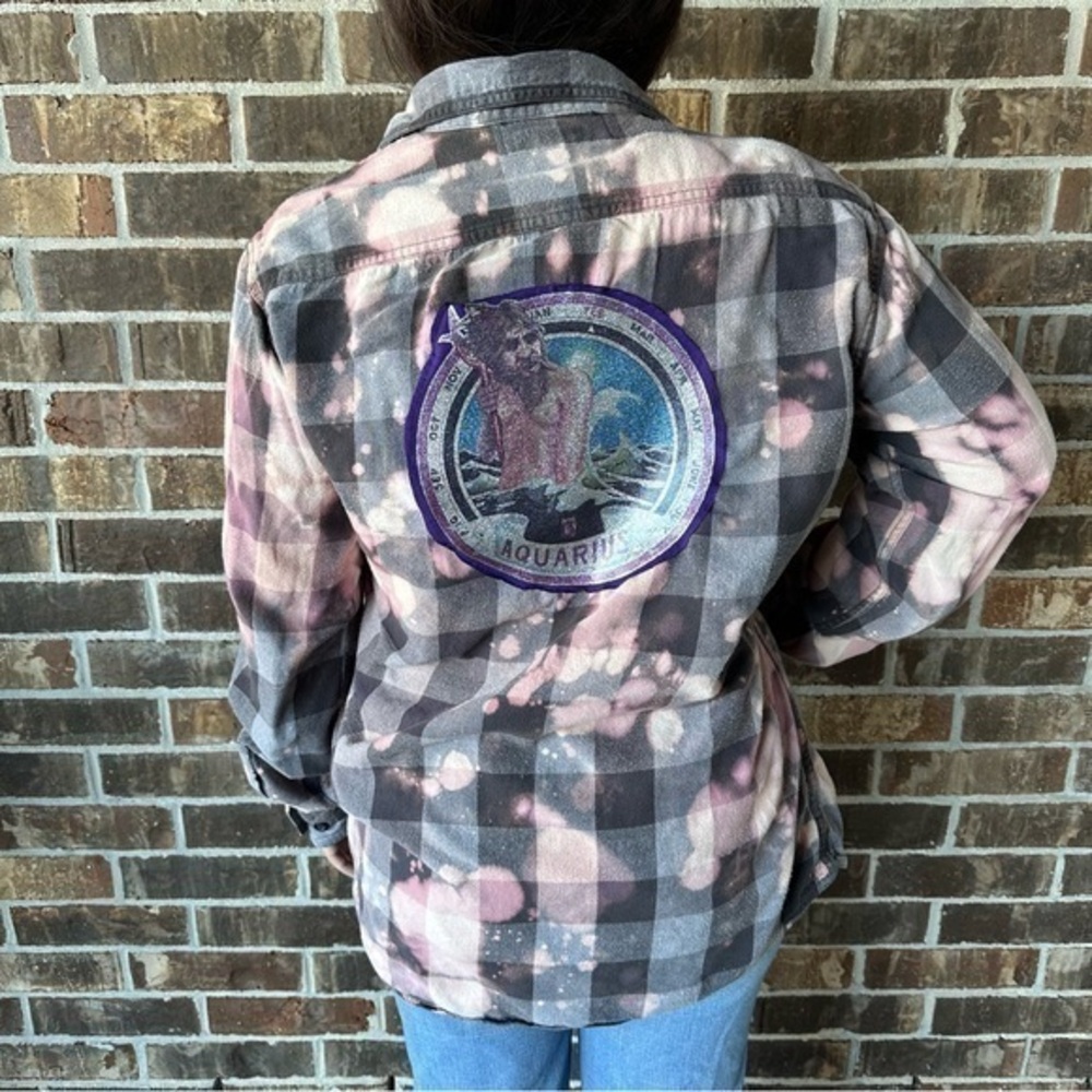 Upcycled Aquarius Flannel Shirt Vintage 1970’s Glitter Iron-On Bleach Dyed NWT
